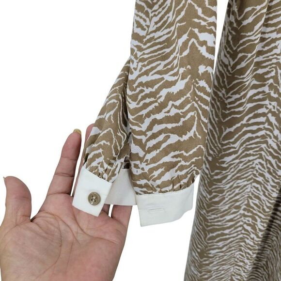 Vtg 70s Tan Zebra Long Sleeve Collared Midi Dress Sz S‎ Sheer Modest Church - Picture 5 of 10